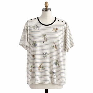 BonWorth Petite Embroidered Size Large Safari Animal Print Striped Knit Top